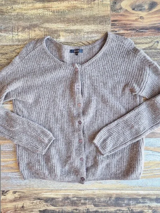Quince 100% Yak Soft Rib Crew Cardigan Button-Front Heather Brown - Picture 7 of 13